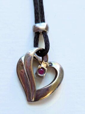 ELLE .925 Sterling Silver Open Heart 17” Necklace with Ruby Silk Cord Signed